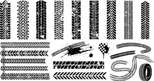 Tire tracks after skidding, launch, drift, powerslide in motorsport, rally, off-road, motocross. Wheel texture with splash effect. Vector, EPS version.