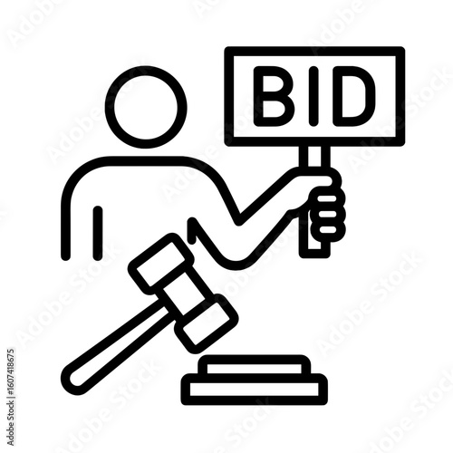 Person holding bid sign at auction with gavel and auction block  