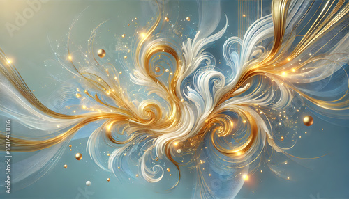 A dynamic abstract art piece featuring glowing gold and white swirls on a soft blue background.