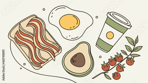 Delicious breakfast food illustration with bacon avocado egg tomatoes and coffee for healthy eating diet 100