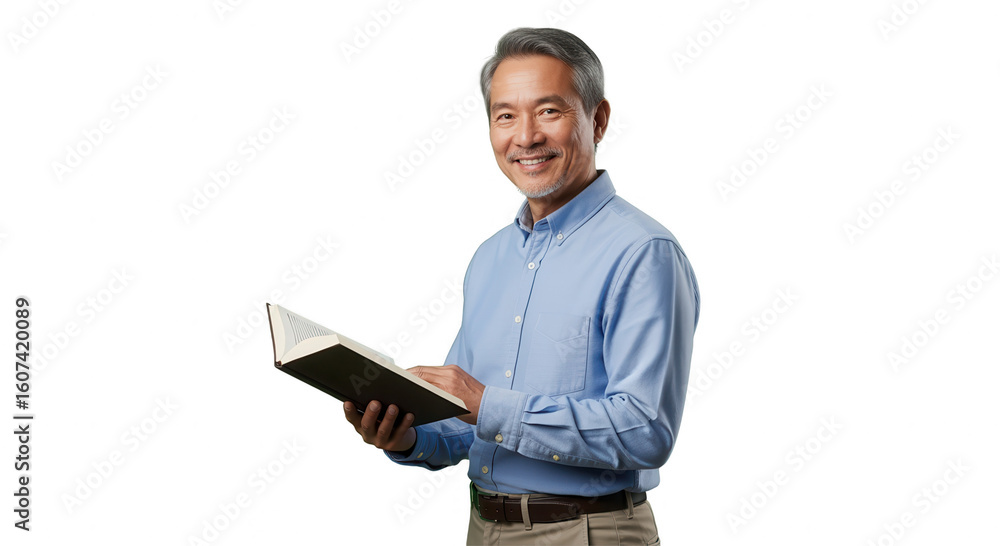 Smiling Mature Asian Man Reading Book Isolated on White Smiling Mature Asian Man Reading Book Isolated on White