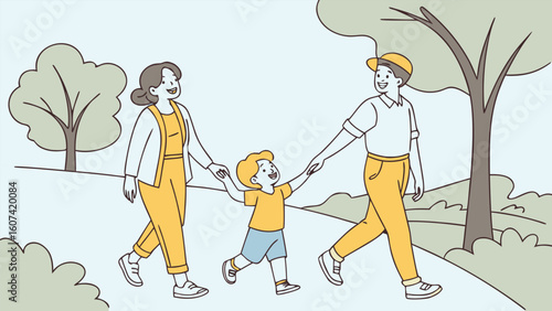 Cartoon illustration of a happy family with two children playing in the park, full of love and fun