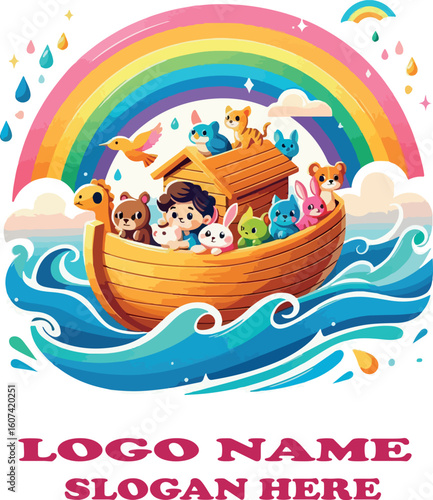 Playful Noah's Ark Vector Colorful Arca de Noe Illustration with Animals, Rainbow, and Waves on White Background .