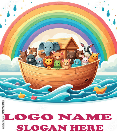 Playful Noah's Ark Vector Colorful Arca de Noe Illustration with Animals, Rainbow, and Waves on White Background .