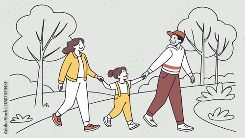 Cartoon boy and people skiing in winter snow, a fun family illustration vector for children's sport activities