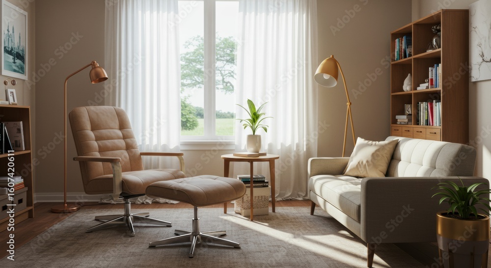 Fototapeta premium Therapy Room with Mid-Century Sofa and Daylight-Filled Window