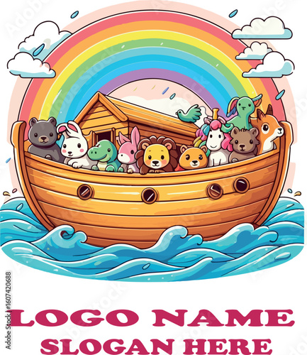 Playful Noah's Ark Vector Colorful Arca de Noe Illustration with Animals, Rainbow, and Waves on White Background .