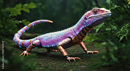 A Fusion of Organic and Mechanical Glowing Fantasy Reptile With Copper-Plated Joints