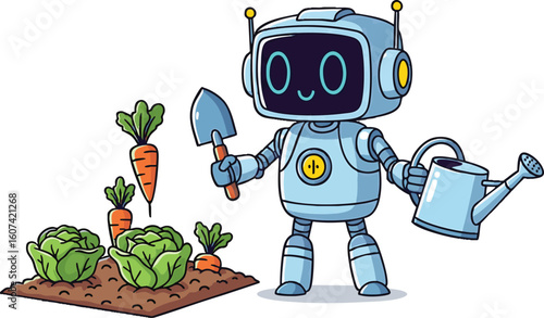 A friendly robot tends a small vegetable garden, holding a shovel and watering can.