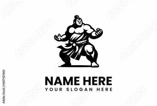 Powerful Sumo Wrestler in Mawashi Ready for Combat Black and White Illustration.