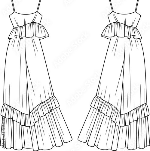 Ruffle long dress fashion flat sketch, women’s maxi dress technical drawing, sleeveless summer outfit template, vector clothing design illustration