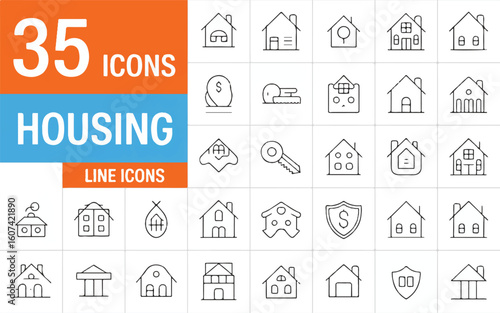 Thirty five minimalist line art icons of houses and related symbols home building