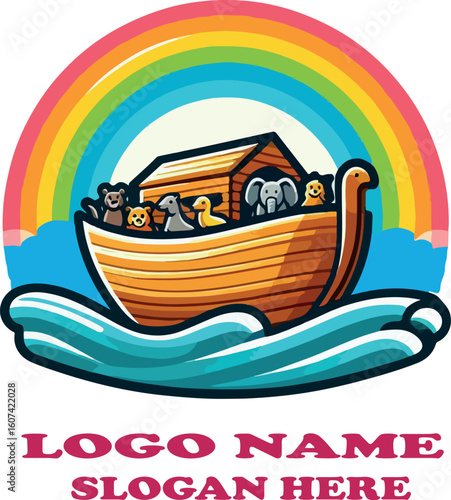 Playful Noah's Ark Vector Colorful Arca de Noe Illustration with Animals, Rainbow, and Waves on White Background .