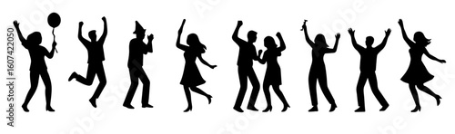 Silhouette Set of People Dancing and Celebrating in Various Poses, Black Vector Group in Motion with Party and Festival Vibes, Editable Formats: AI, EPS, JPG, PNG, Ideal for Both Digital and Print Use