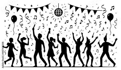 Dancing Silhouettes of Men and Women, Black Vector Crowd Scene with People in Motion, Celebration and Party Vibes, Editable Formats: AI, EPS, JPG, PNG, Ideal for Both Digital and Print Use
