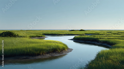 Lush green marshland with winding river under a clear blue sky water grass