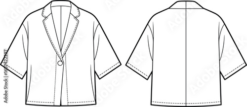 Short sleeve blazer technical flat sketch, front and back view, single button, tailored collar design, fashion CAD for women