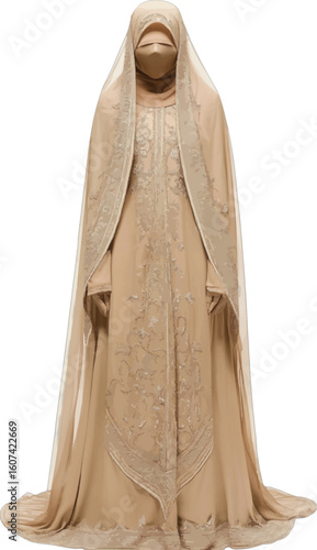 Beige embroidered abaya with matching hijab traditional