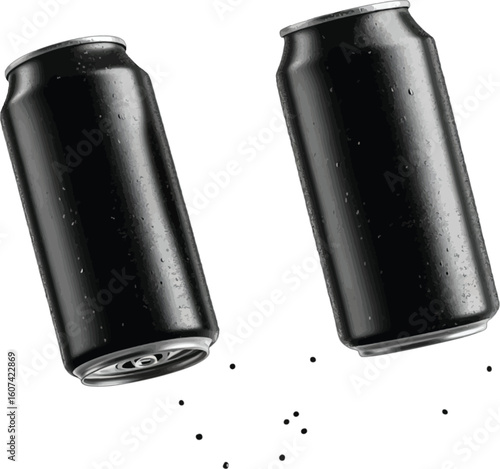 Black aluminum soda cans floating with droplets vector