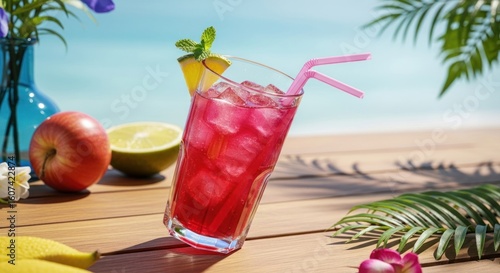 Refreshing pink drink with ice, straws, and fruit on a wooden table with tropical leaves