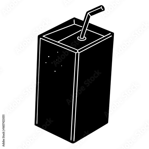 A black and white illustration of a juice box with a straw