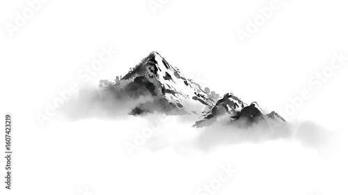 Majestic snow capped peaks emerge from ethereal mist mountains clouds