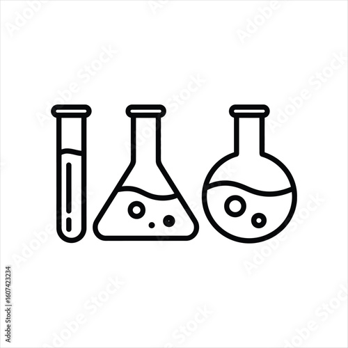 Black Outline Laboratory Flasks and Test Tube on White Background