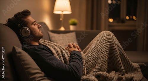 Relaxed man listening to music on couch under blanket in warm light