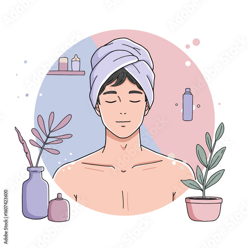Young man relaxing with towel on head in spa-like environment  
