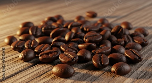 Roasted coffee beans scattered on rustic wooden surface, illuminated by warm light
