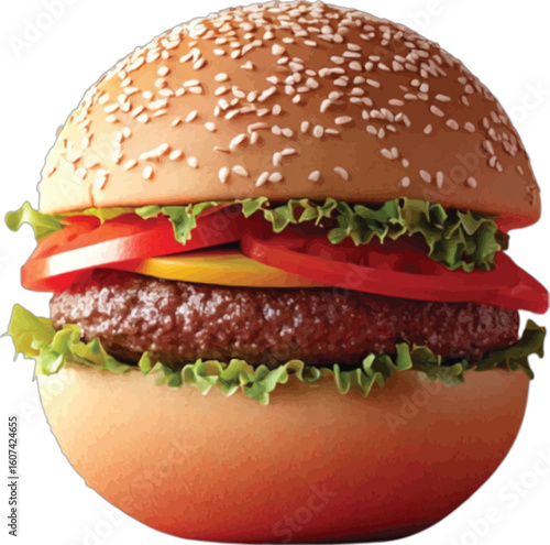 Burger with sesame seed bun lettuce tomato and cheese seeds