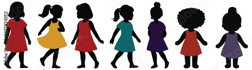 Children silhouette in colored clothes set White background