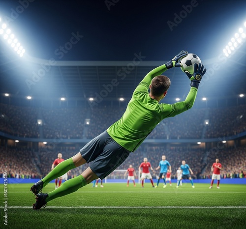 Goalkeeper Diving to Save Soccer Ball in Stadium