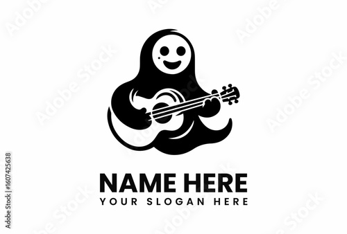 Smiling Ghost Playing Acoustic Guitar Black and White Logo Design.