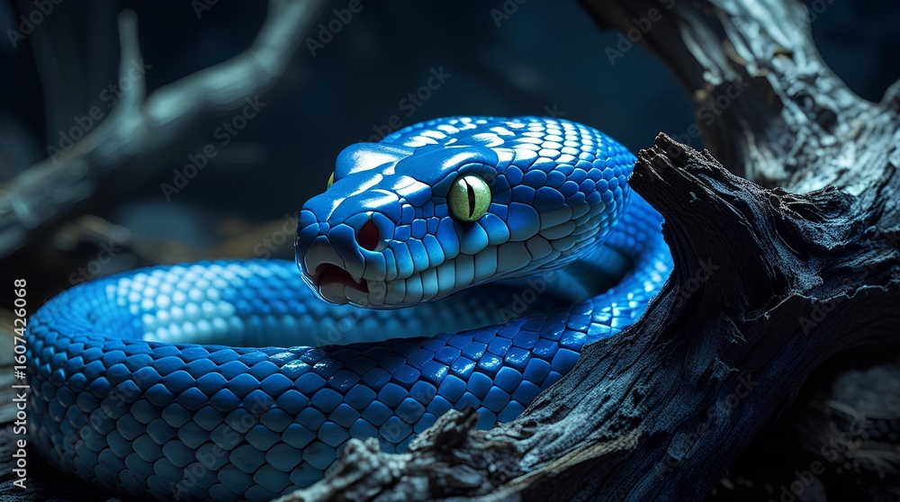 Fototapeta premium Vibrant Blue Snake With Striking Yellow Eyes and Glossy Scales in Dark Forest