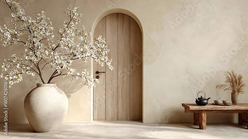Minimalist interior with blooming branches and tea set wabi sabi japandi