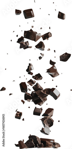 Dark chocolate pieces breaking apart falling