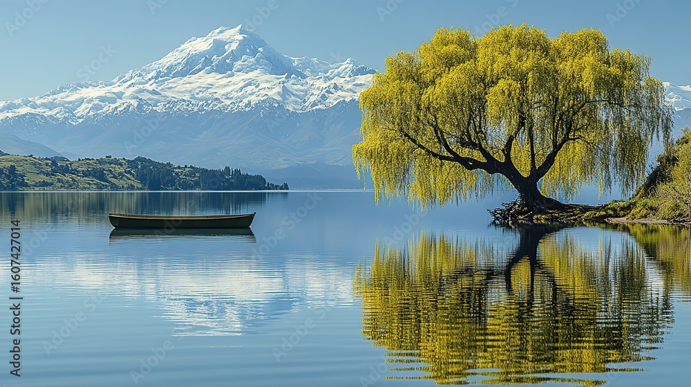 Obraz premium Lone Tree Reflection on Alpine Lake: Snow Mountain Serene Landscape with Deep Blue Water 