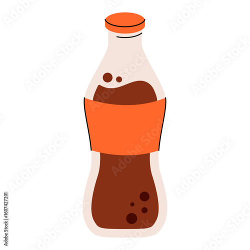 Soda glass bottle. Sweet fizzy drink in a glass bottle, cold fast food beverage container flat cartoon style. Vector isolated illustration