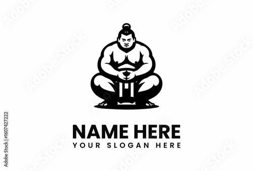 Stylized Sumo Wrestler in Seiza Position with Topknot and Muscular Build.