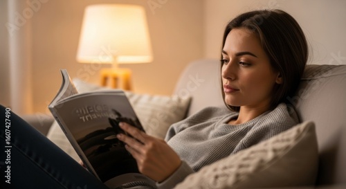 Serene woman engrossed in magazine, soft lamp light, cozy couch, relaxed evening