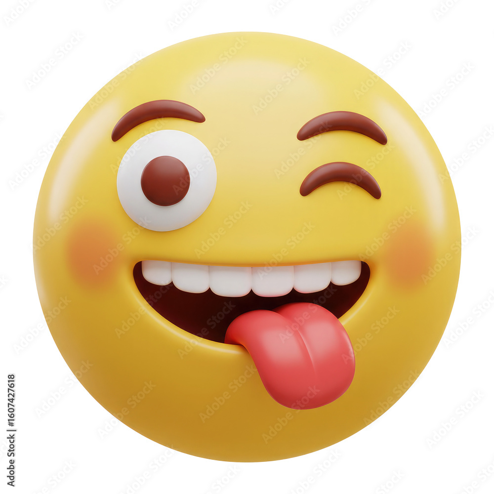Fototapeta premium A Winking and Smiling Face Sticking Its Tongue Out, Zany Face Emoji, Cut Out, Clipping Path Isolated on a Transparent PNG Background.