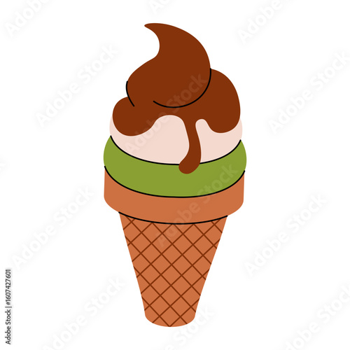 Ice cream cone. Pistachio chocolate ice-cream cartoon colorful icon, summer dessert in waffle cone, flat sweet frozen food with topping. Vector isolated illustration