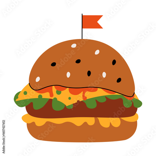 Beef burger. Fast food sandwich with cutlet vegetables and sauces, cartoon delicious unhealthy junk food, street takeout meal with bun and meat filling. Vector isolated illustration