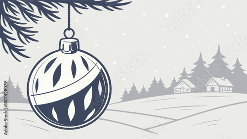 Christmas ornament hanging from a branch with a winter landscape in the background scenery view