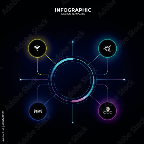 Modern template for process flow diagram AI- dark version. 4 buttons options. Flat infographic design with colourful thin lines for website or data presentation. Technology concept. Choice buttons, AI