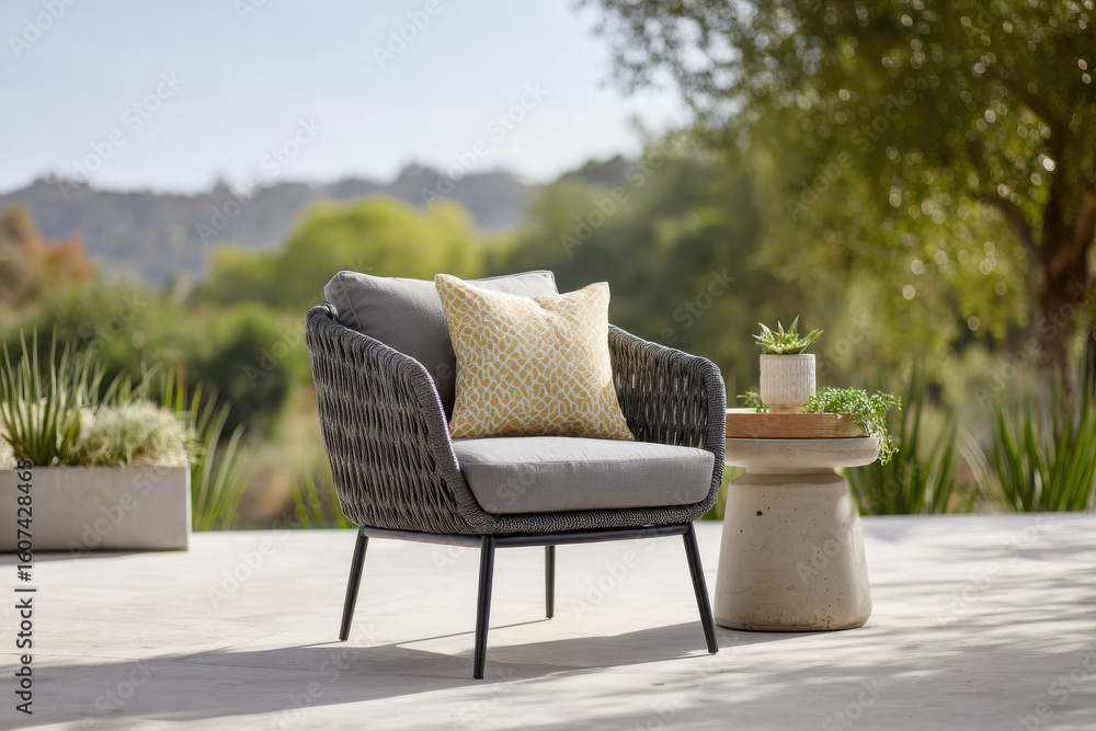 Fototapeta premium stylish outdoor lounge chair showcasing latest furniture trends sits gracefully against pristine monochromatic