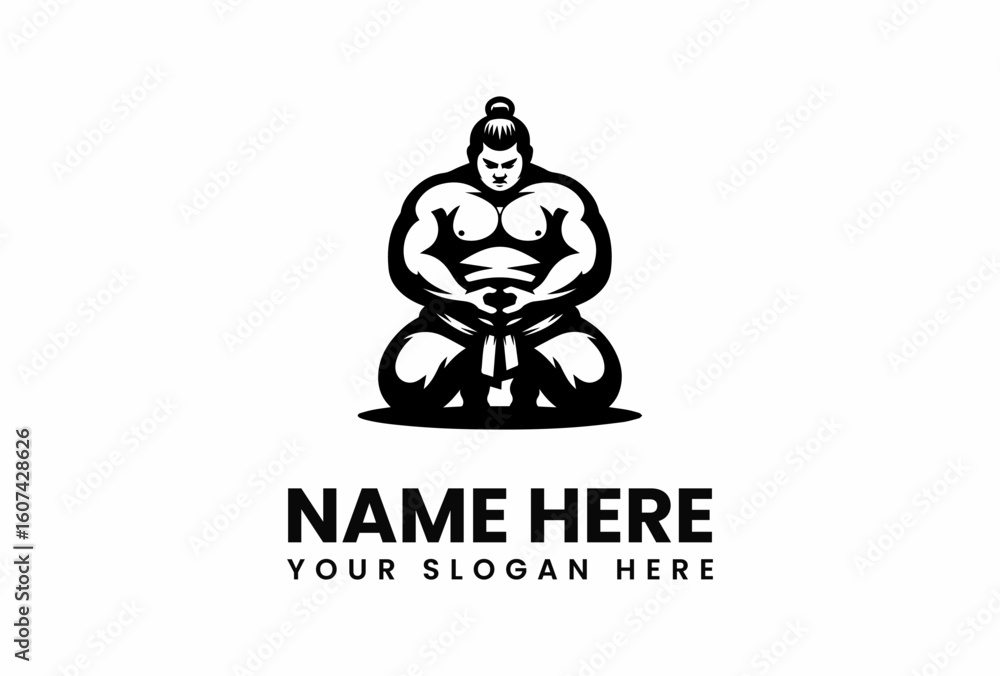 Fototapeta premium Sumo Wrestler Silhouette in a Meditative Pose with Topknot and Muscular Physique.