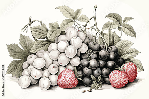 Fruit and berries set with leaves and branch: apple, pear, cherry, grape, lemon, citrus, strawberry, hand drawn ink outline sketch doodle icon collection, vintage design for coloring book page  