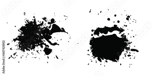 Black dried paint splattered in dirty style.  Big set of blots and vector abstract elements.